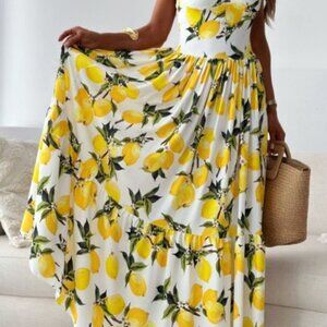 Lemon Print Sweetheart Neck Maxi SunDress